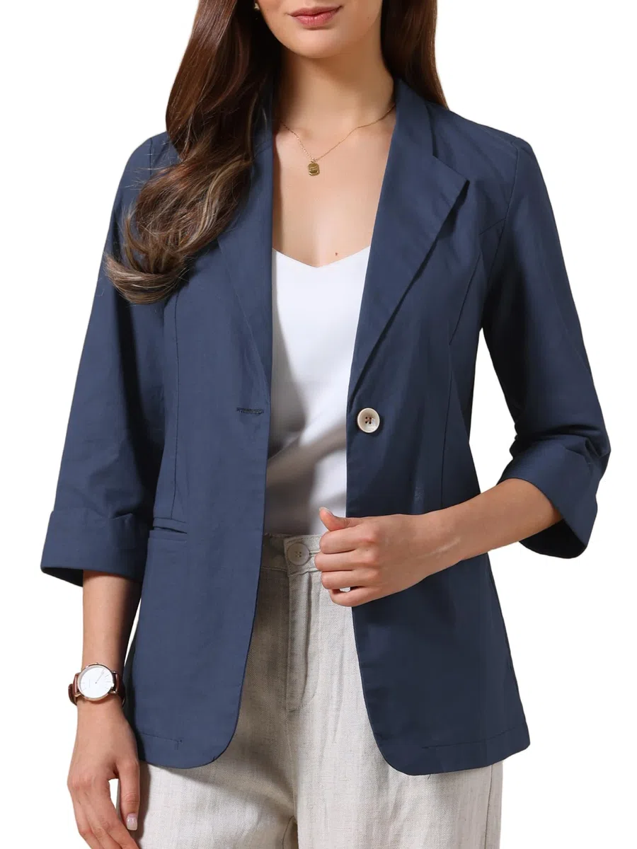 Allegra K Blazer Casual da Donna Estivo Giacca Leggera in Cotone e Lino con Maniche a 3/4
