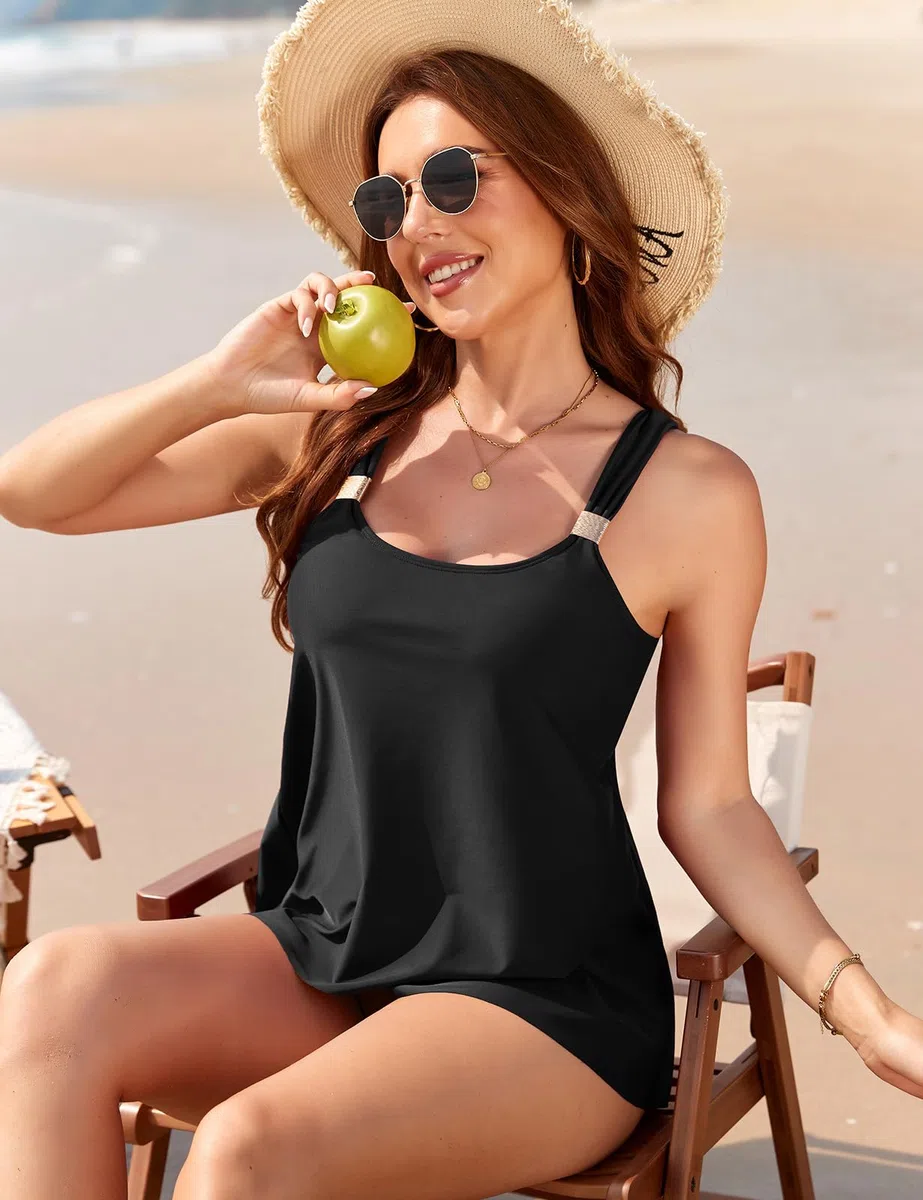 Nadeer Tankini Donna Curvy Costume da Bagno Due Pezzi Push Up Sexy Imbottito Reggiseno Costumi da Bagno con Vita Alta Boyshort Controllo Pancia per Mare Spiaggia Piscina