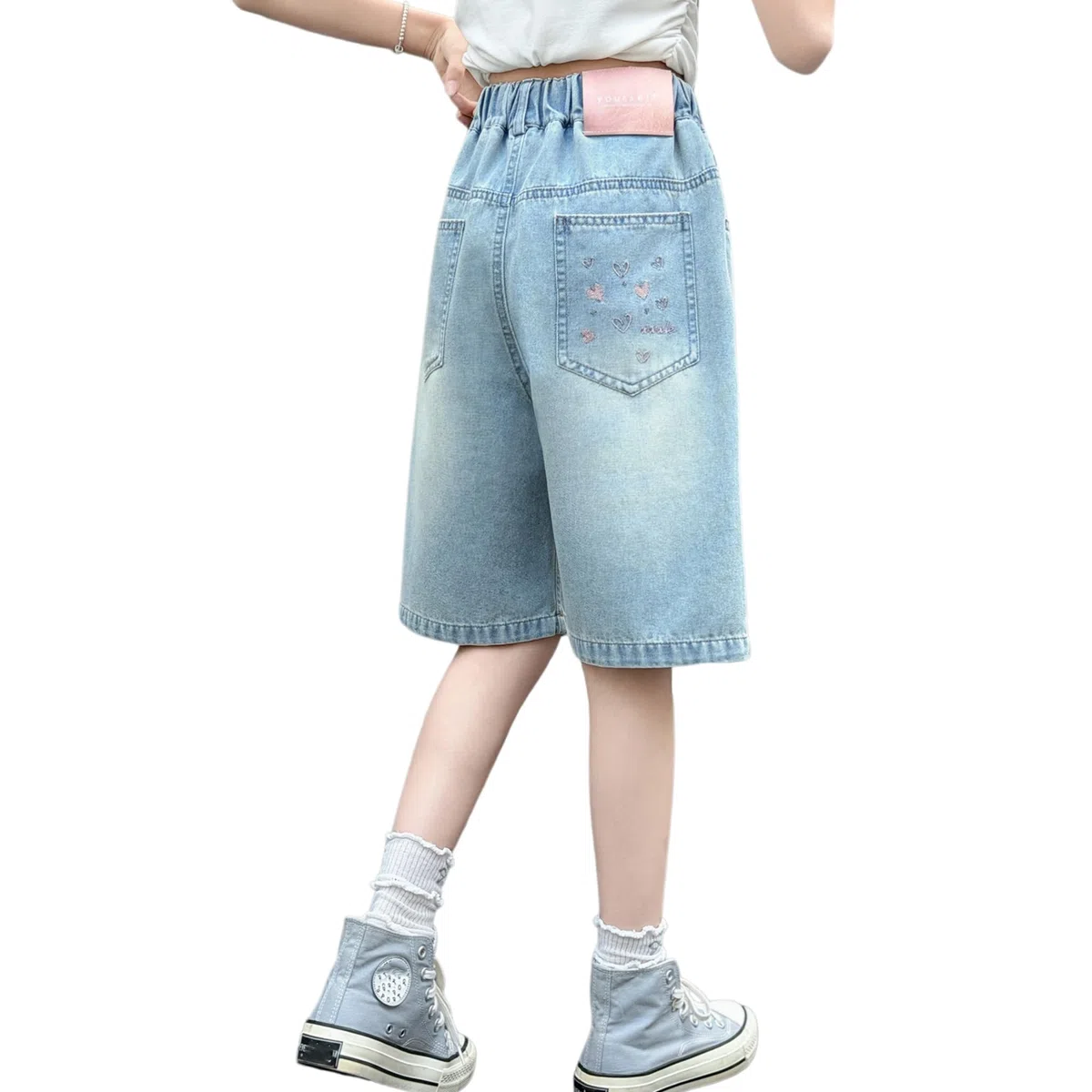 Rolanko Pantaloncini di Jeans per Ragazze, Vita Elastica Bermuda Gambe Larga Shorts Denim Estivi al Ginocchio