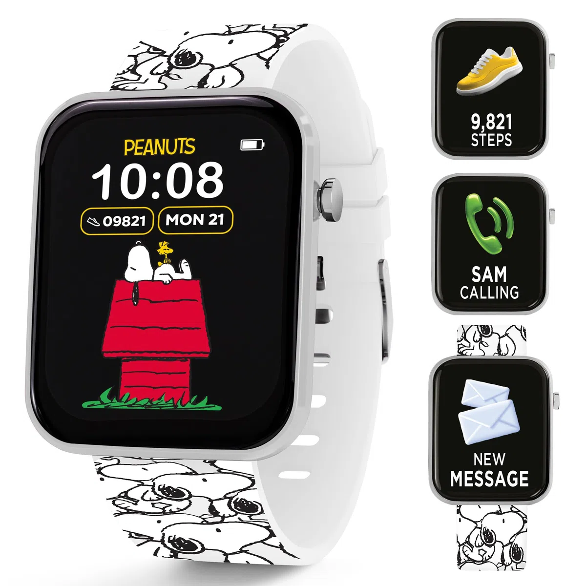 Accutime - Orologio intelligente interattivo Peanuts Snoopy per bambini con cinturino stampato bianco