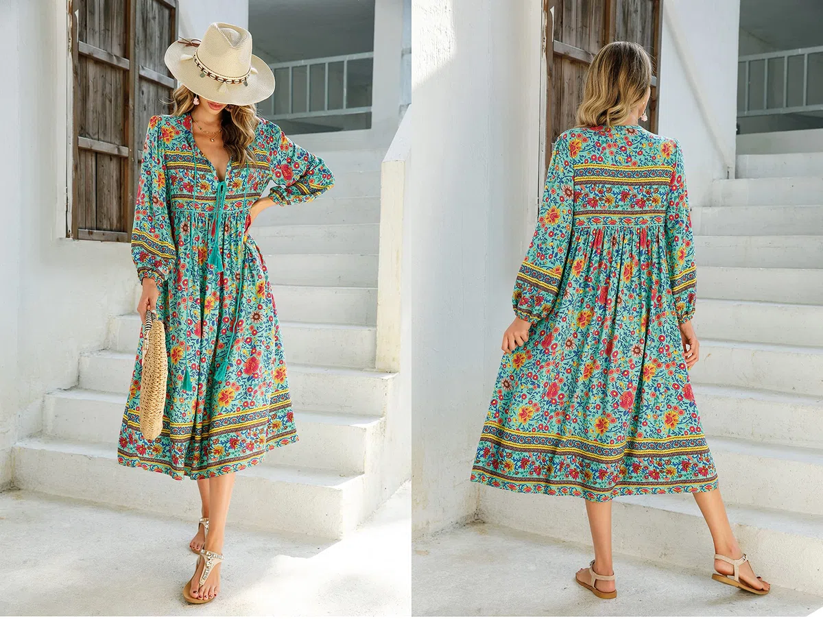 R.Vivimos Donne Eleganti Casual Bohemian Print Neck Tie Maniche Lunghe Abito da Spiaggia Lungo Midi Vestito Vacanze