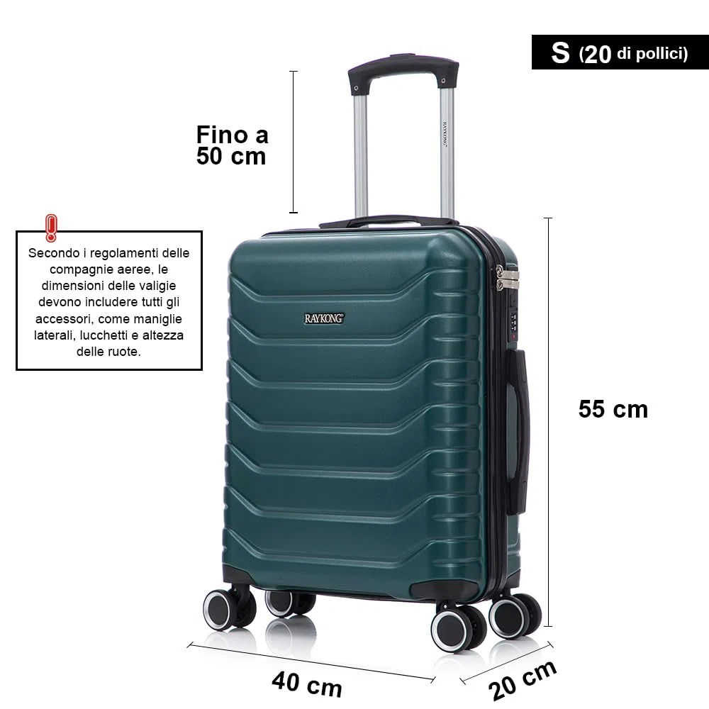 RAYKONG Valigia a mano 55x40x20cm (40L) in ABS+PC | 4 ruote girevoli a 360º | lucchetto incorporato | 20 pollici - (RK12|Verde)