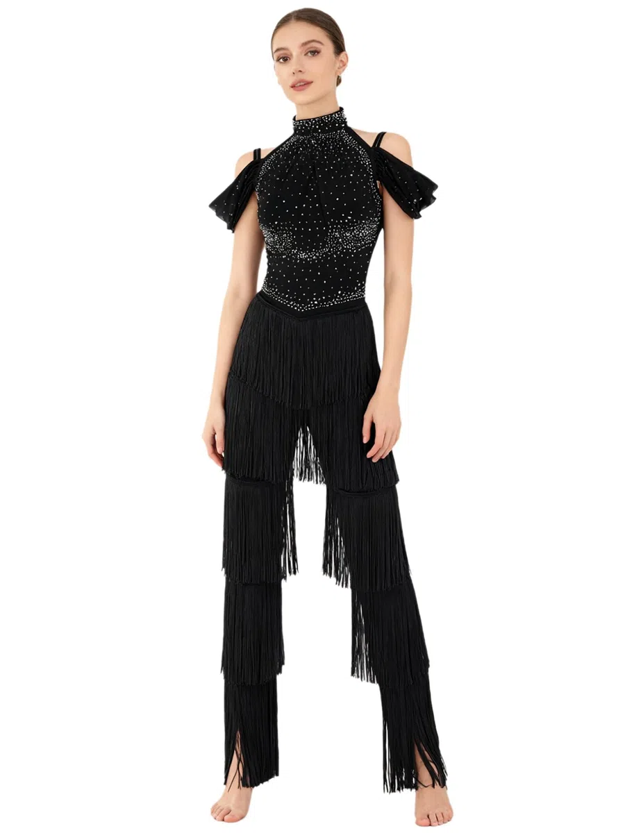 Freebily Tuta Intera da Ballo Latino Americano Tango Donna con Nappe Strass Body Ginnastica Ritmica Body Danza Classica Moderna Samba Salsa Jumpsuit da Pattinaggio