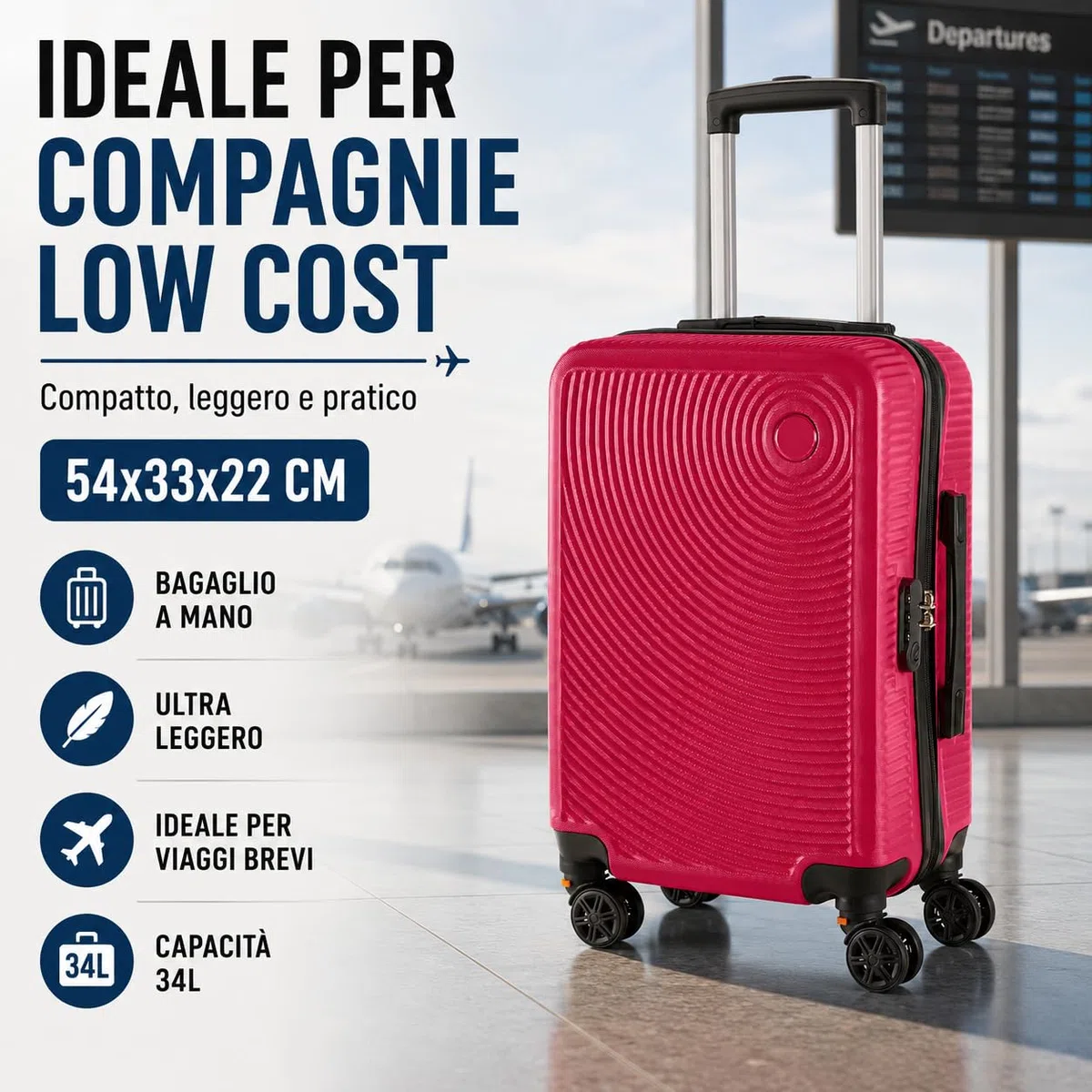 IlGruppone Trolley Bagaglio Mano Rigido 54x33x22 Piccolo Ultraleggero Valigia In Abs Con 4 Ruote Rimovibili Manico Chiusura Di Sicurezza Per Compagnie Low Cost Economy Zaino Da Viaggio - Lilla