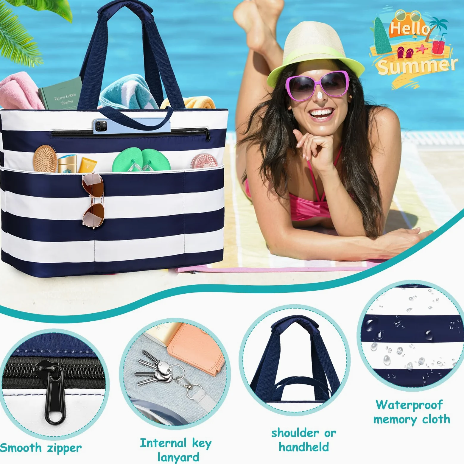 Borsa Mare Grande Borsa Spiaggia Donna XXL Famigli Impermeabile Beach Bag Con Zip Pieghevole Borsa Da Spiaggia Multitasche Tote Bag Per Spiaggia, Viaggio, Vacanza. 50L