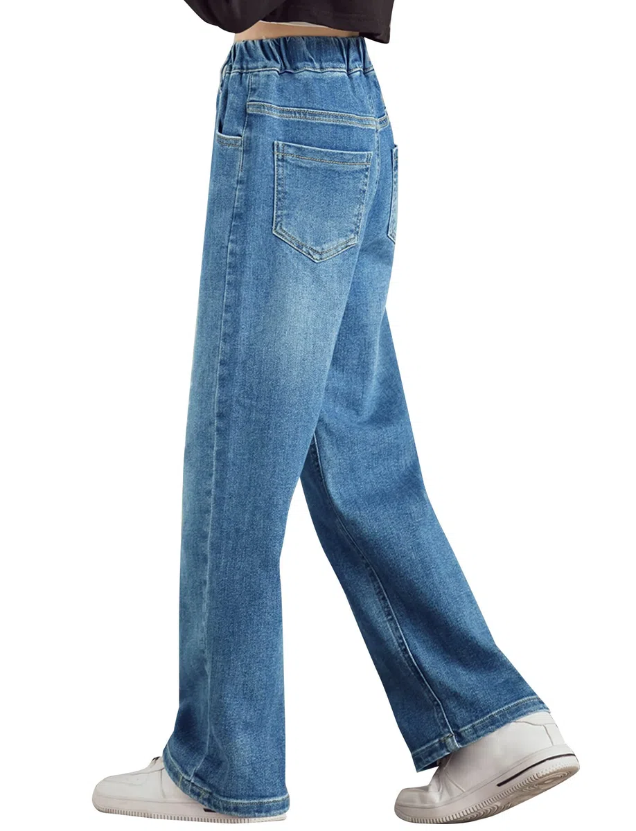 Happy Cherry Jeans Lunghi Bambina Pantaloni Larghi a Vita Elasticizzata Ragazza Pantaloni in Denim Comodi all Moda con Tasche per Bambini 5-15 Anni