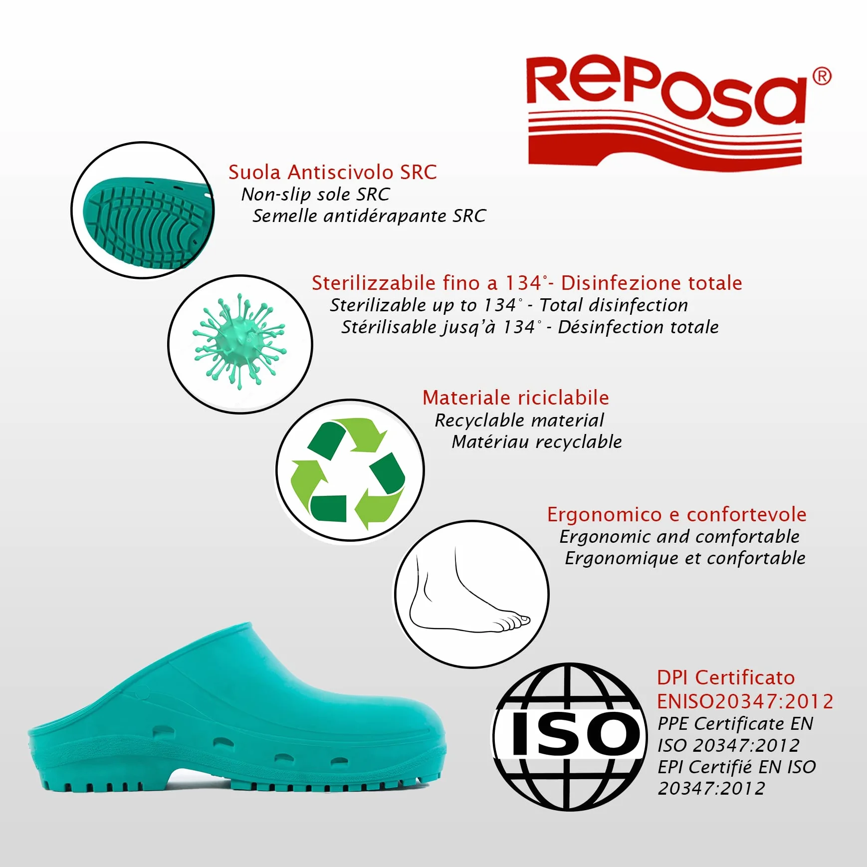 REPOSA Easy - Zoccoli Sanitari Donna e Uomo in Gomma con Suola Antiscivolo SRC, Ciabatte Sanitarie Anatomiche Senza Laccetto, Scarpe Sanitarie Infermieri Sterilizzabili, Antishock e Traspiranti