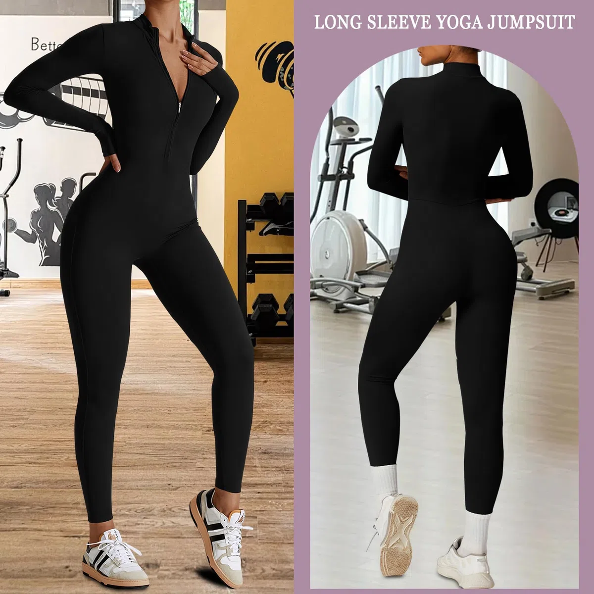 Tuta Intera Donna Sportiva Maniche Lunghe Jumpsuit Aderente Sexy Cerniera Completo per Yoga Palestra Abbigliamento Zip Costine Tutina Sportivo