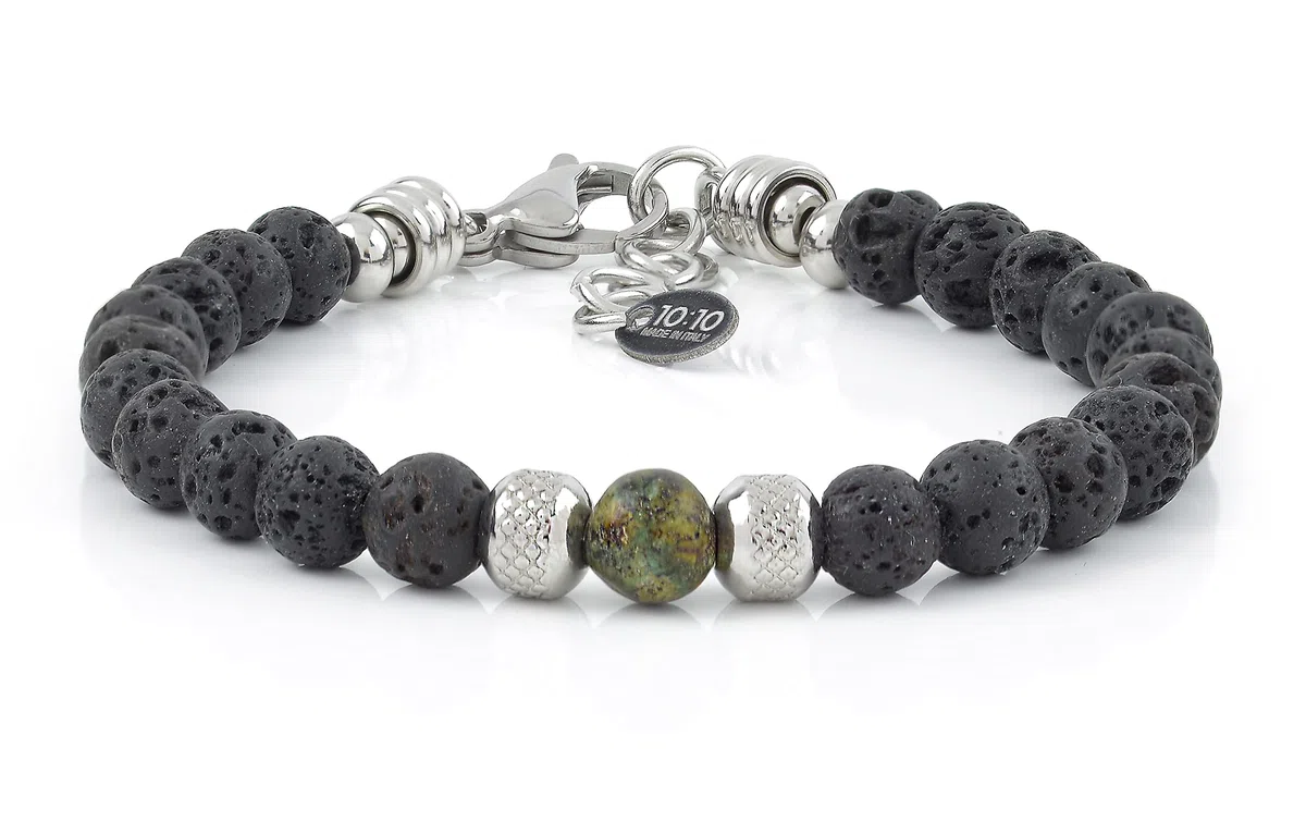 10:10 Bracciali Coppia Lui e Lei con Pietre Naturali da 6 mm, sfere in acciaio inox diamantate. Braccialetto in Acciaio Inox e Pietre Dure, Regolabile e Resistente. Made In Italy