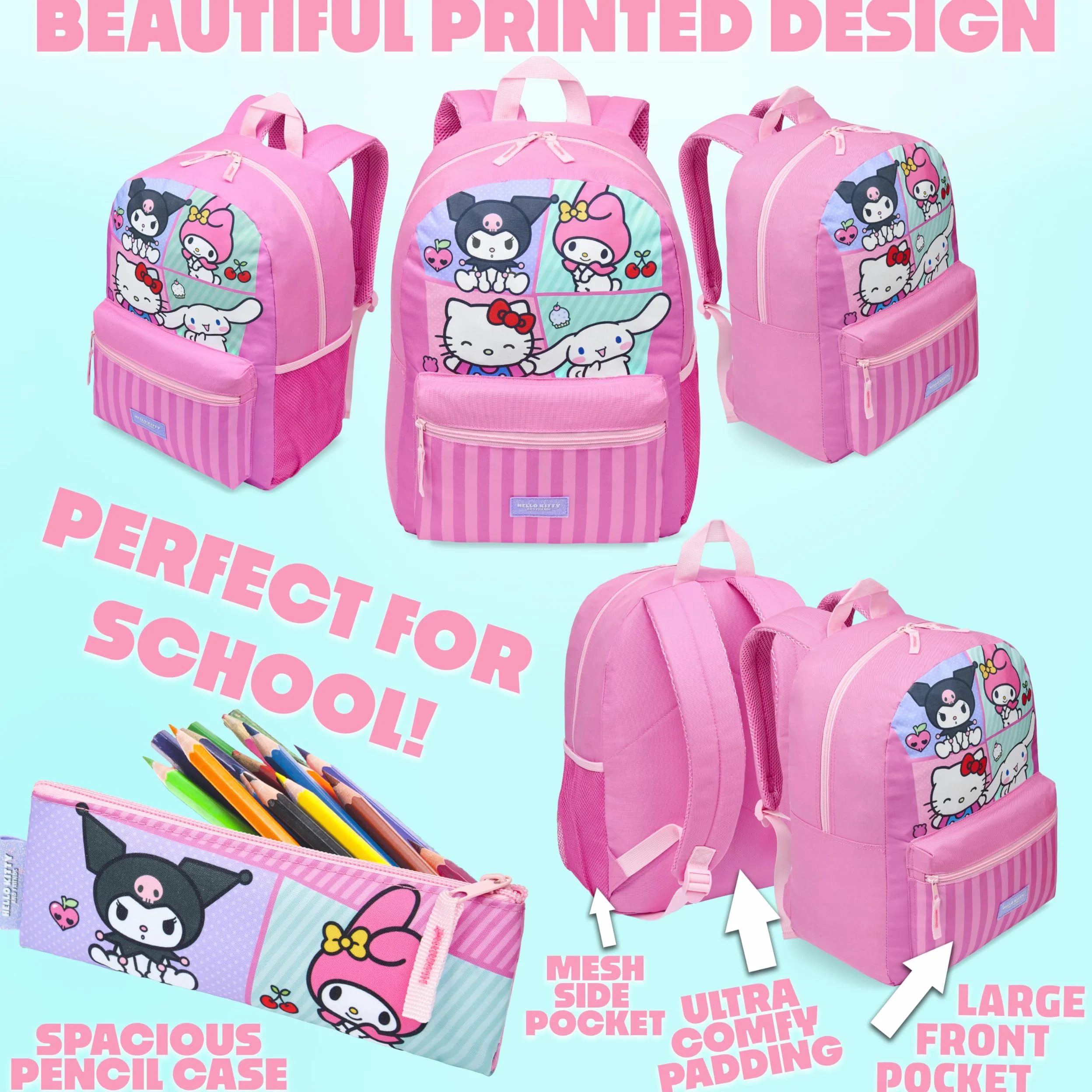Hello Kitty Sanrio Zainetto Bambina 4 Pz Set Borraccia Astuccio Isolata Borsa Portapranzo Kawaii Anime Accessori Scuola