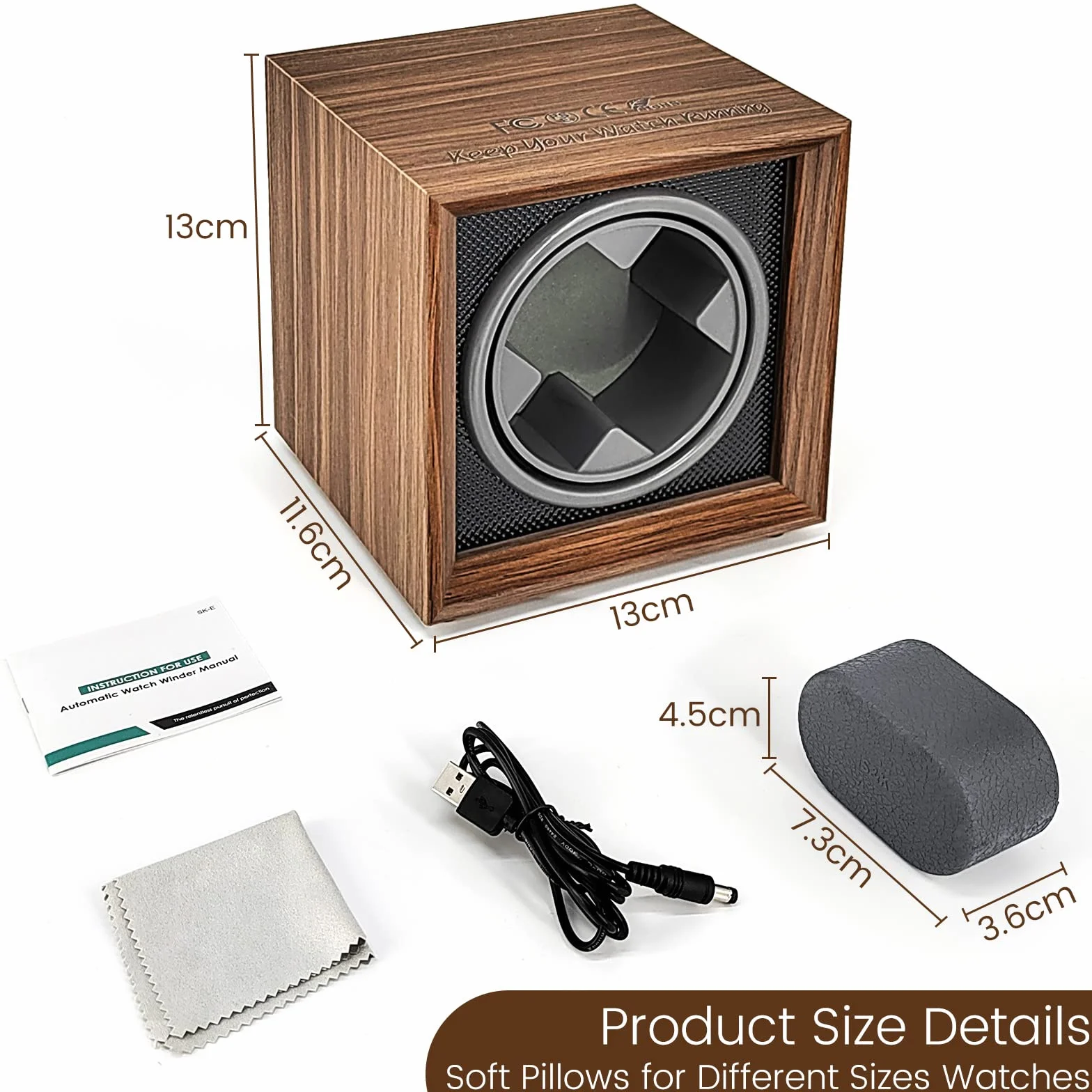 Avvolgitore automatico per orologi, scatola carica orologi singolo per 1 orologio, a carica automatica, in legno, con motore silenzioso, alimentato tramite USB