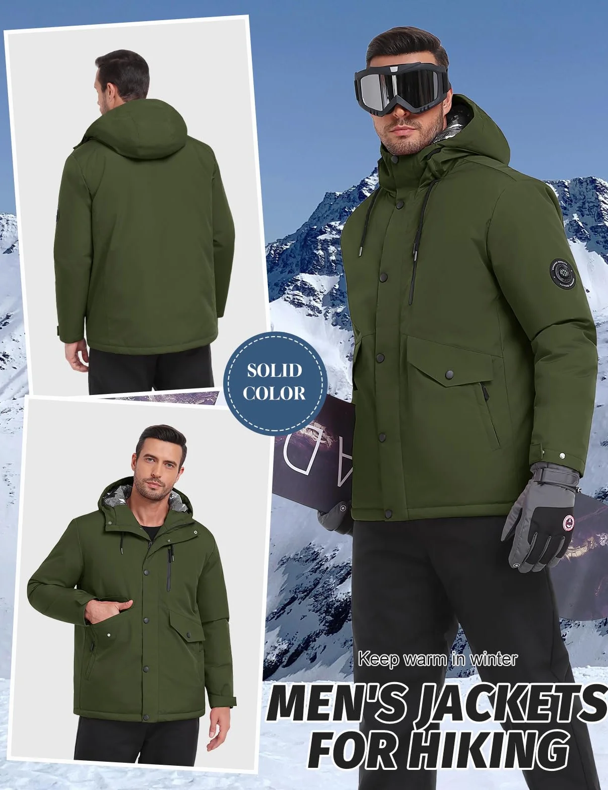 Voqeen Uomo Giacca Sci Invernale Impermeabile Giacche con Cappuccio Staccabile Termica Antivento Cappotto Sportiva Calda con Multi-Tasche