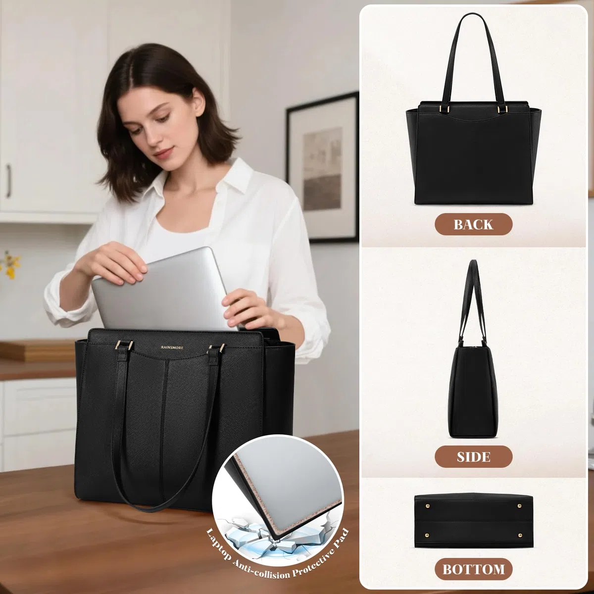 RAINSMORE Borsa Donna Grande Borsa Università Impermeabile Shopper Tote Pelle PU Borse da Lavoro con 14 Pollici Laptop Borse a Tracolla con Tasca Interna Cerniera Shopping Viaggi Scuola Ufficio