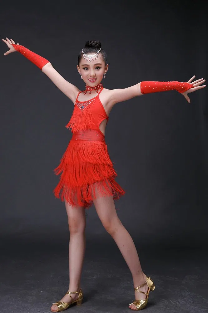 Ragazza Vestiti da Ballo Abito Vestito con Paillettes Abbigliamento da Danza Abiti di Danza Latina