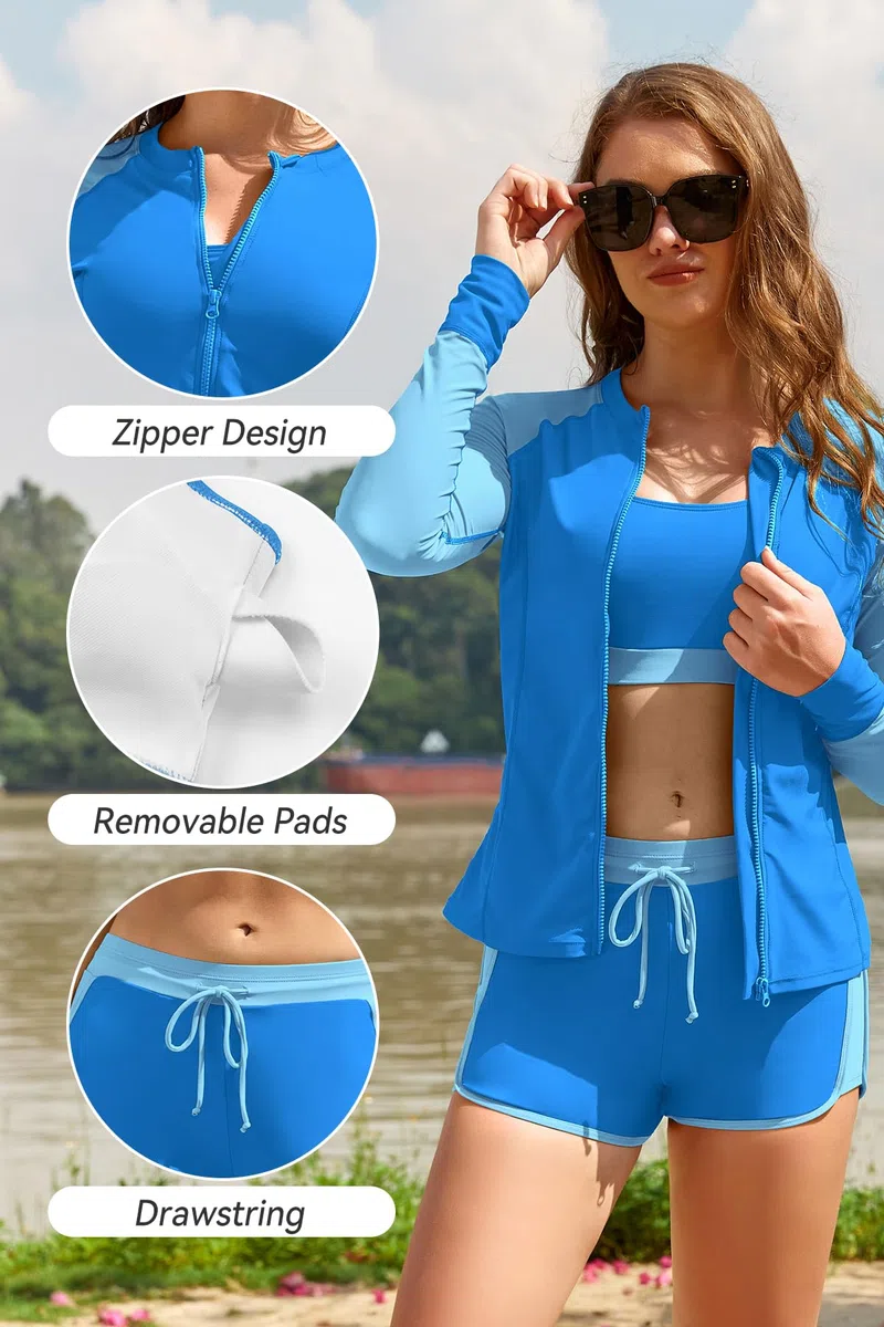 SHEKINI Costume da bagno da donna a 3 pezzi Rash Guard a maniche lunghe con chiusura lampo, costume da bagno con bikini Top con corda elastica