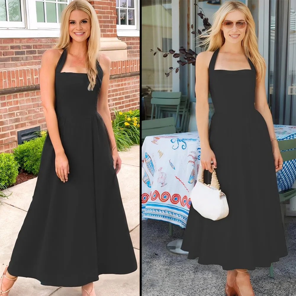 Vestito Donna Senza Maniche Sexy Scollo a Quadrato Maxi Lunga Estivi Orlo a Volant Abito da Festa Cocktail Sera