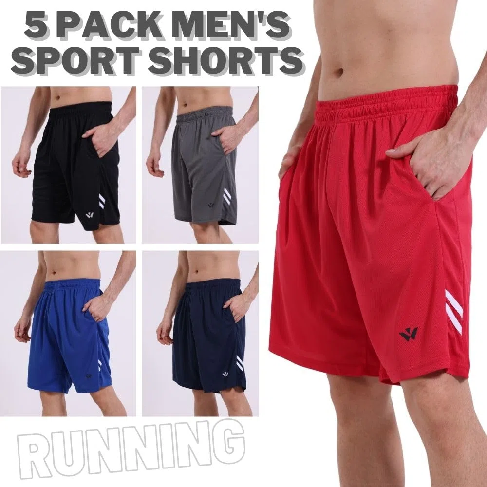 Confezione da 5 pantaloncini sportivi da uomo con tasche ed elastico in vita, pantaloncini da allenamento ad asciugatura rapida da corsa, M