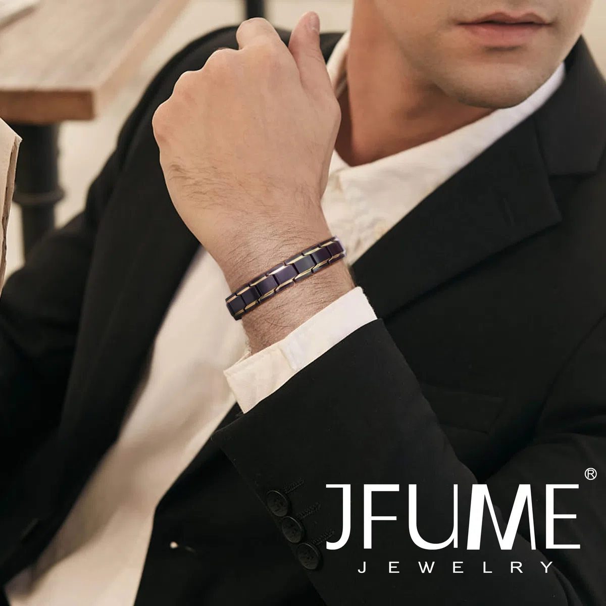 JFUME Bracciale magnetico da uomo, placcato oro 18k, placcato nero, argento, carbonio blu con strumento di rimozione link, regolabile 22cm