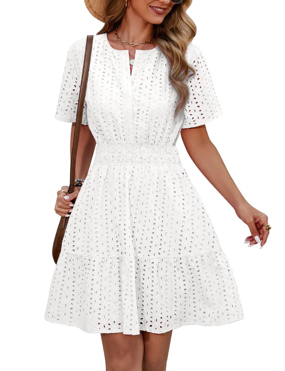 Yuson Girl Vestito Estivo Donna Scollo a V Abito Corto Maniche Corte Cotton Comodo Abito Vuoto Abito Mare Spiaggia Vestiti Casuale Eleganti Vita Alta Abiti Mini
