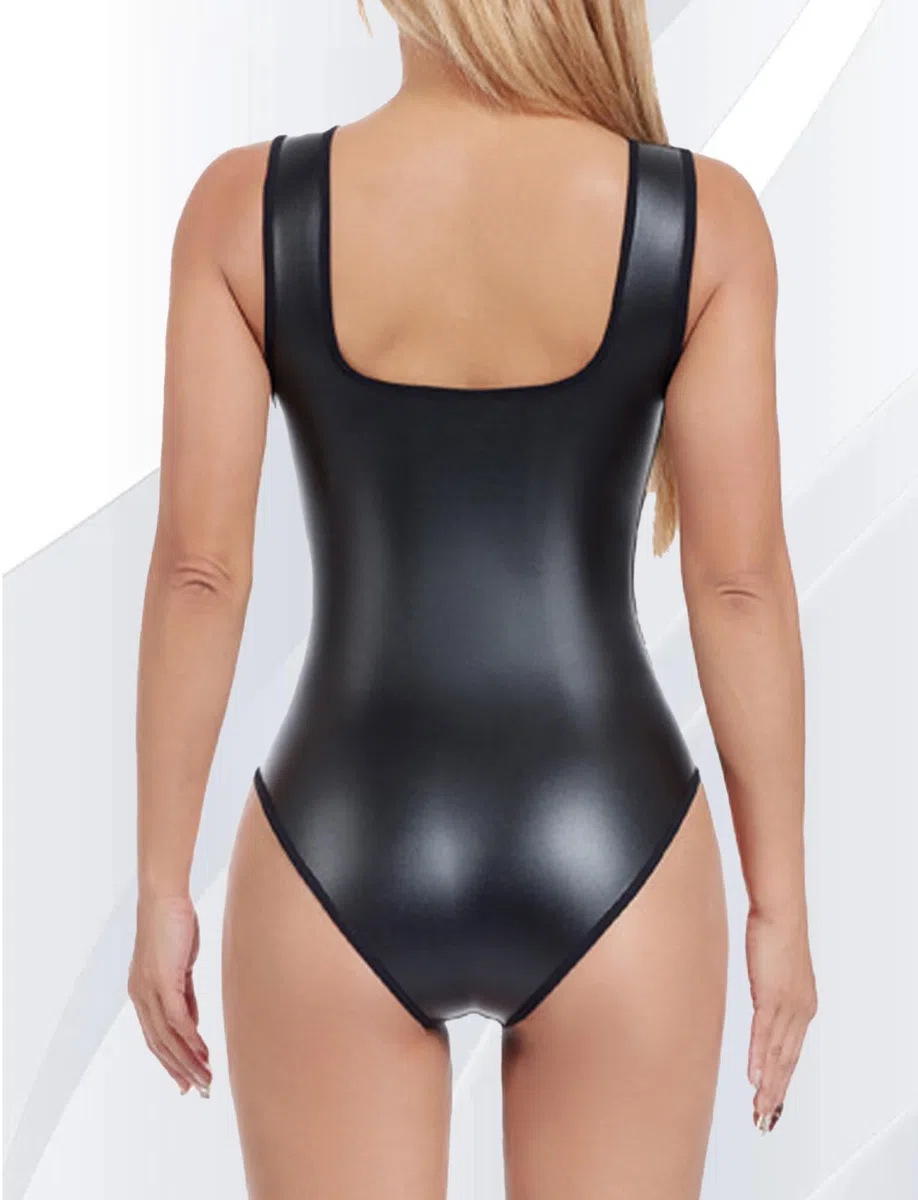 Body Donna in Pelle Leotard Ecopelle Bodysuit con Scollatura Squadrata Aderente Top Abito per Halloween Formazione Sportivo Spettacolo S-4XL