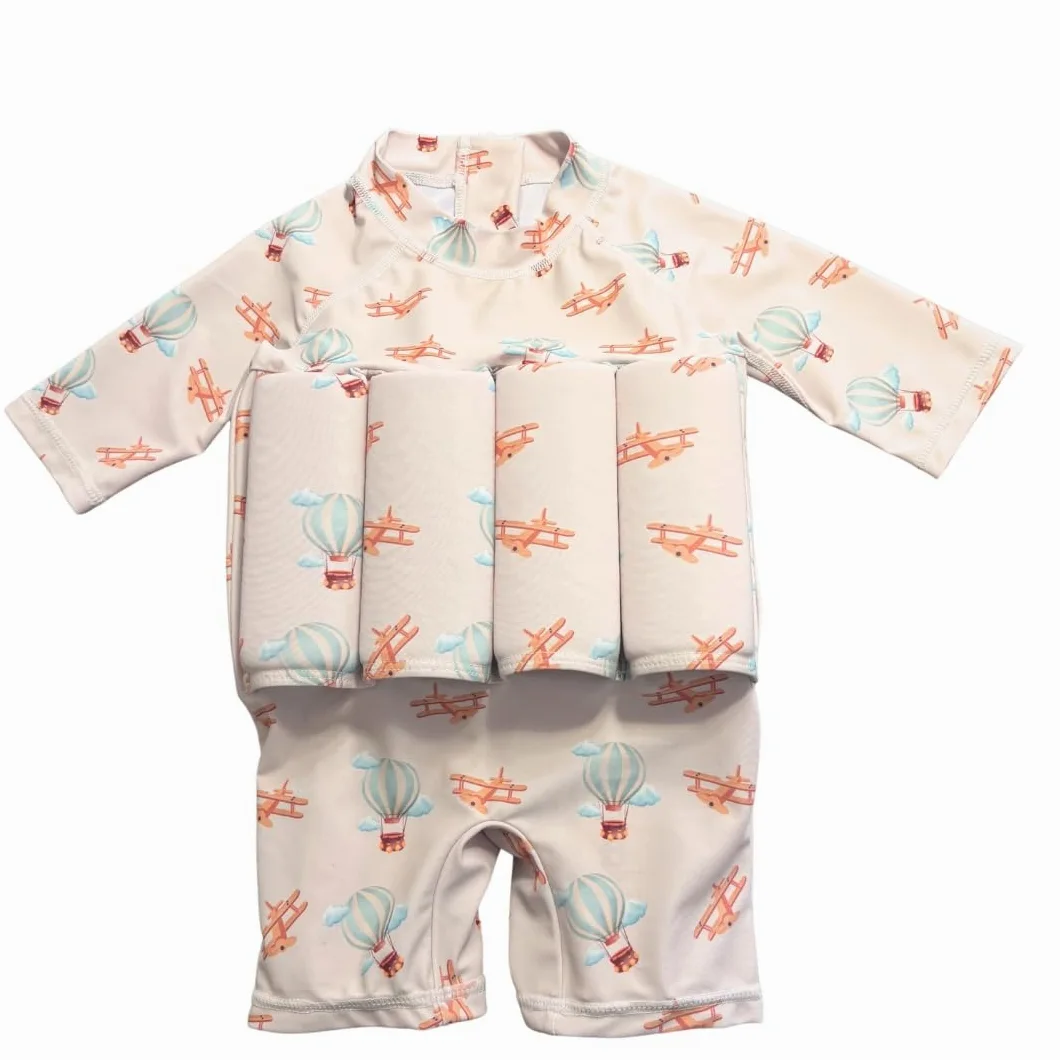 Costume da bagno anti-annegamento per ragazzo, motivo: mongolfiere e aerei, tuta a maniche lunghe, beige stile vintage
