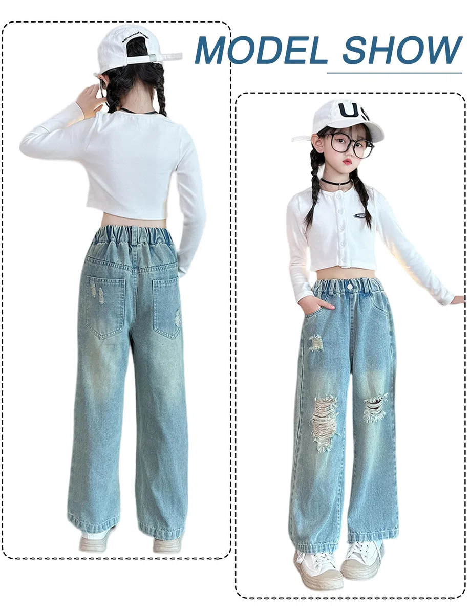 Happy Cherry Jeans Larghi Bambina Pantaloni Lunghi in Denim all Moda Pantaloni Strappati Vita Alta Elasticizzata con Tasche per Ragazze 5-15 Anni