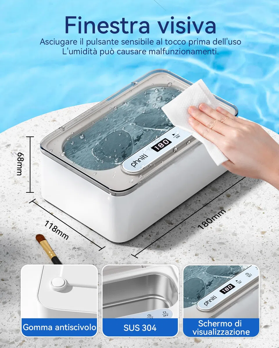 Phniti Pulitore Ultrasuoni, Pulitore Ultrasuoni Apparecchio Denti a 47KHz, Pulitore a Ultrasuoni da 330 ml Ultrasonic Cleaner, Portatile ad Pulitore Ultrasuoni Gioielli per Protesi, Occhiali, Orologi