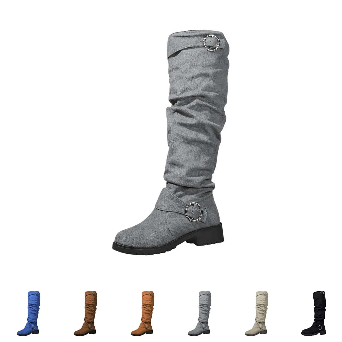 Stivali da cowboy da donna alti in pelle scamosciata, con tacco alto al ginocchio, con plateau, con fibbia, stile retrò, con tacco a blocco, suola profilata