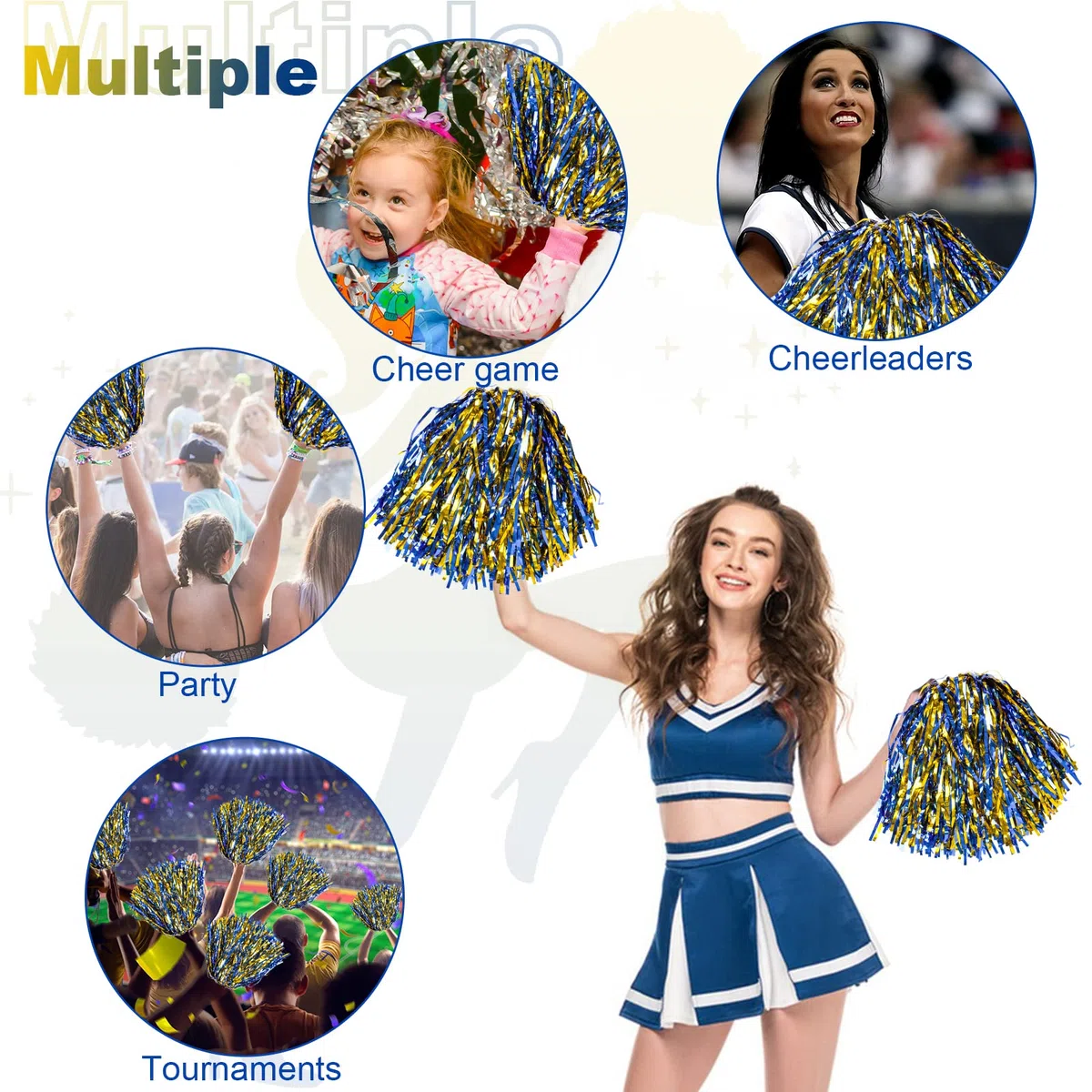 24 pompon da cheerleading metallici, per bambini, cheerleader, pom pom poms con manico per bacchetta, per adulti, squadra, sport, gioco di danza (oro e blu)