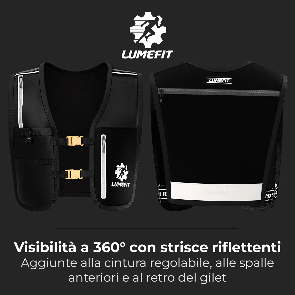 LUMEFIT Gilet Running Riflettente con Bottiglia d'Acqua 500 ml, Gilet da Corsa Traspirante Uomo Donna, Tasche Multiple e Cintura Regolabile, Running Vest per Ciclismo, Escursionismo, Trekking, Trail