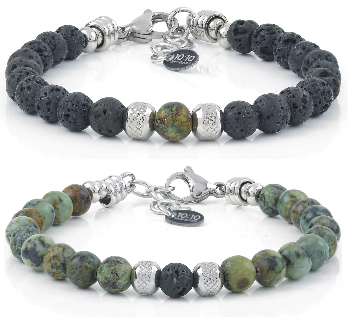 10:10 Bracciali Coppia Lui e Lei con Pietre Naturali da 6 mm, sfere in acciaio inox diamantate. Braccialetto in Acciaio Inox e Pietre Dure, Regolabile e Resistente. Made In Italy