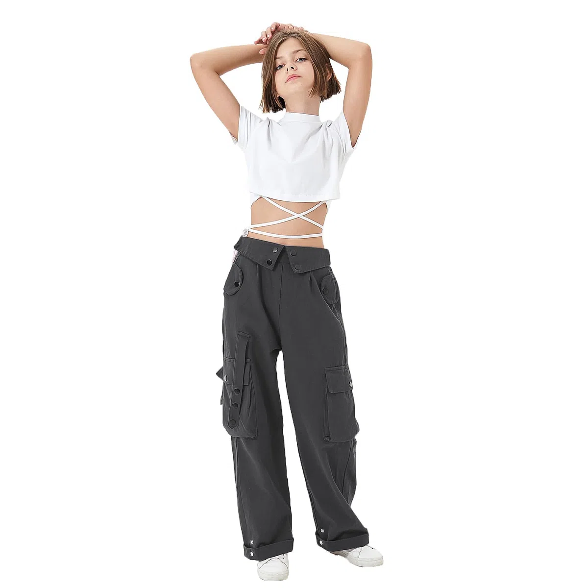 Rolanko Ragazze Pantaloni Cargo, Vita Alta Elastica con Tasche Multiple e Pantaloni a Gamba Larga per Bambini