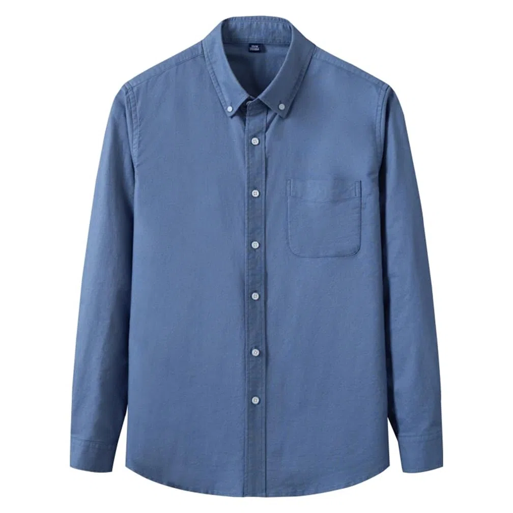 Camicia casual da uomo in cotone tinta unita a maniche lunghe con colletto a bottoni camicia da lavoro con tasca sul petto