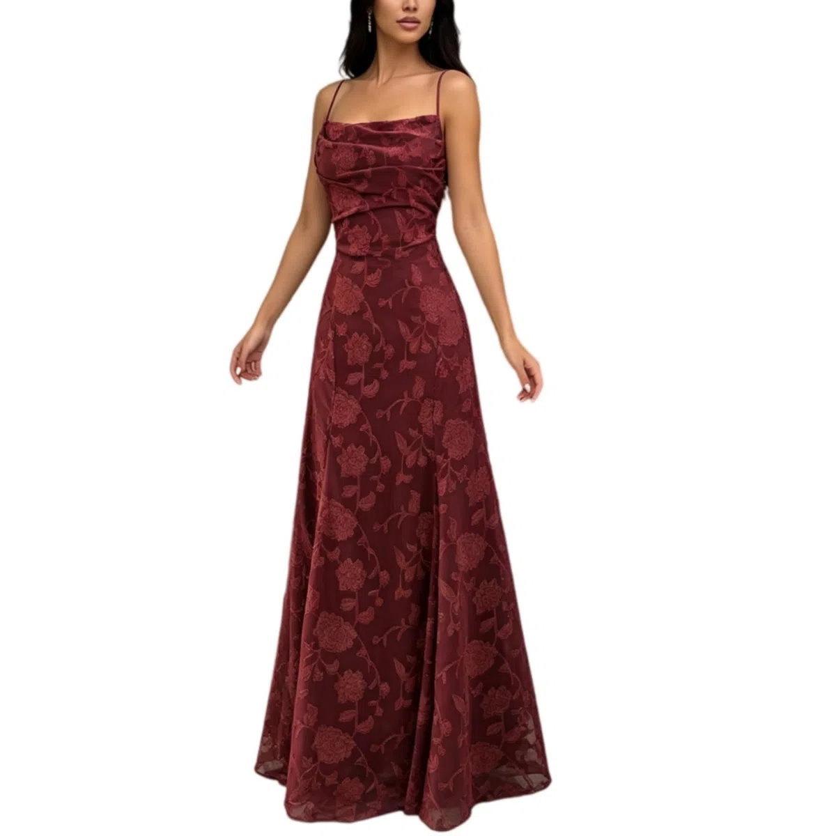 Generico Vestito da Dama d'Onore in Pizzo Jacquard Floreale, Abito Lungo Senza Maniche con Schiena Scoperta e Lacci per Matrimonio e Ballo