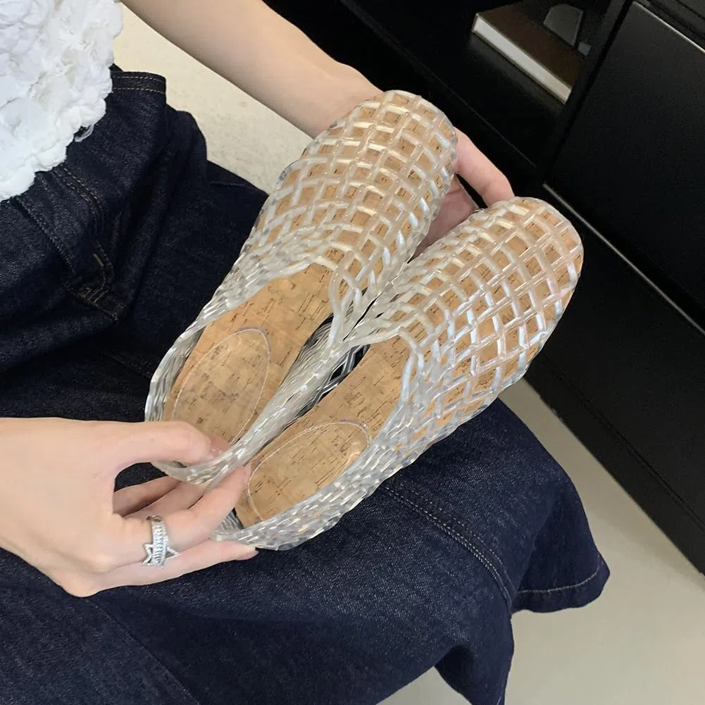 Donna Jelly Flats Moda Slip-on Flats Punta Quadrata Spiaggia Jelly Scarpe Leggero Casual Sandali Piatti Traspirante per Viaggi All'aperto
