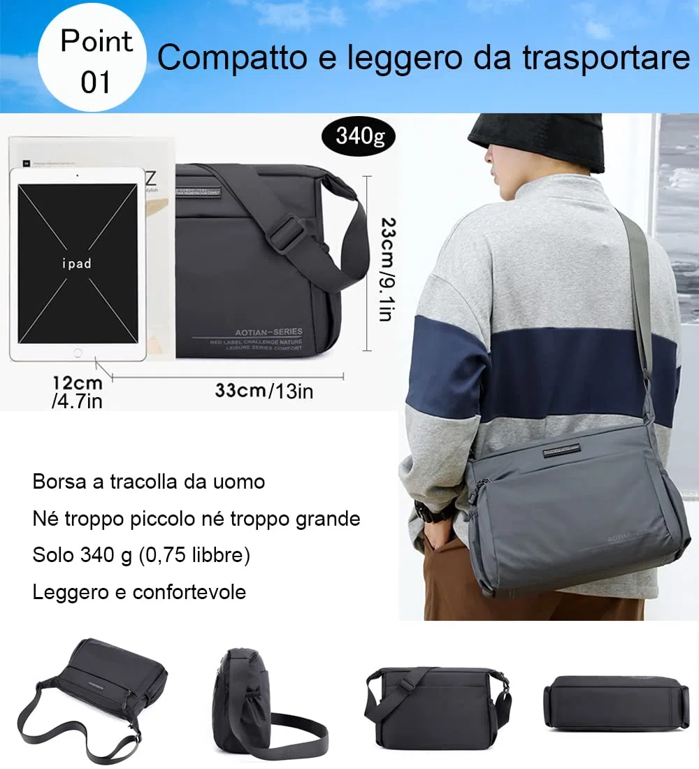 zhongningyifeng Borsa a tracolla da uomo, in nylon, impermeabile, leggera, per viaggi, lavoro, attività all'aperto