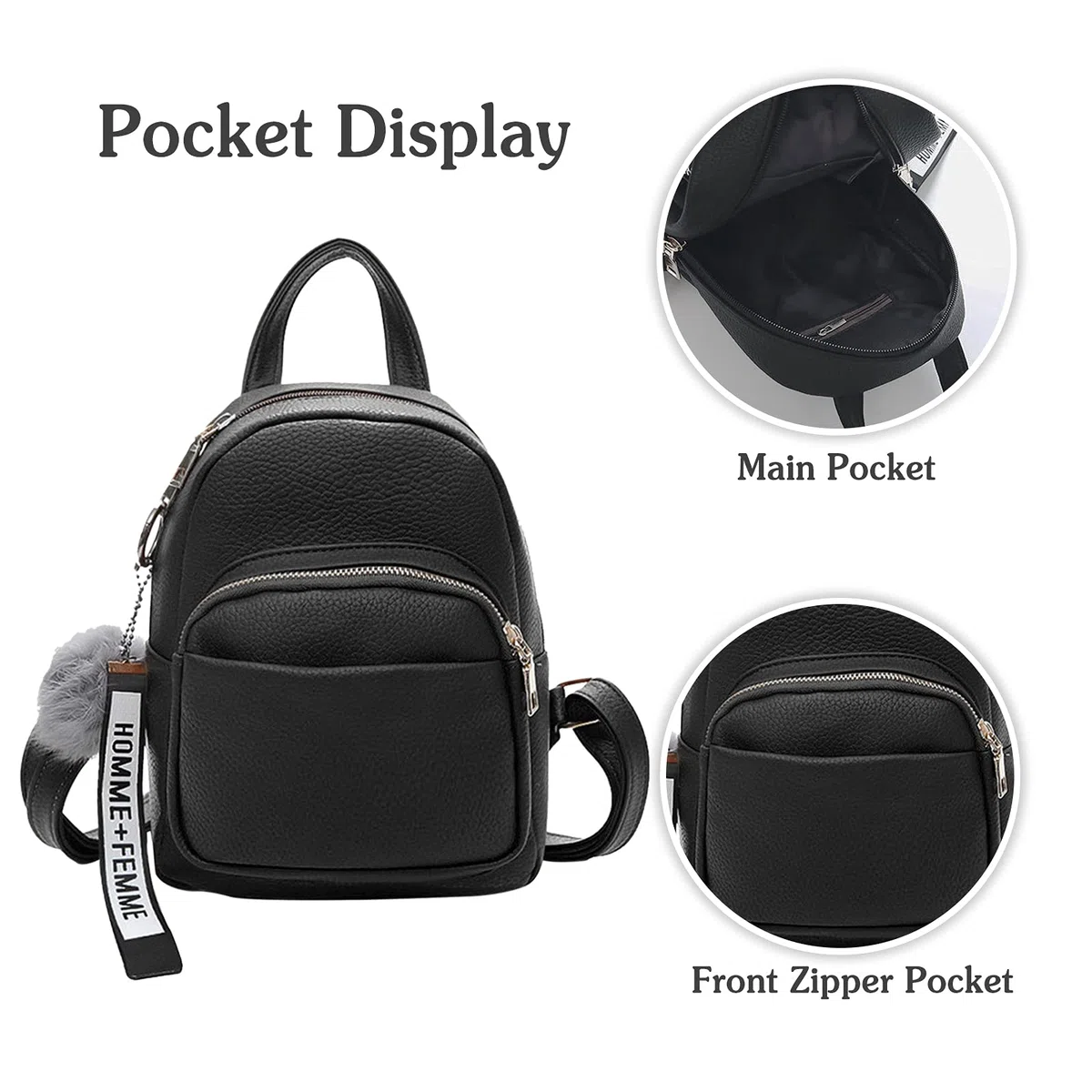 Mini zaino alla moda per ragazza, piccolo zaino con pompon da donna, in pelle PU, per viaggi, appuntamenti e shopping