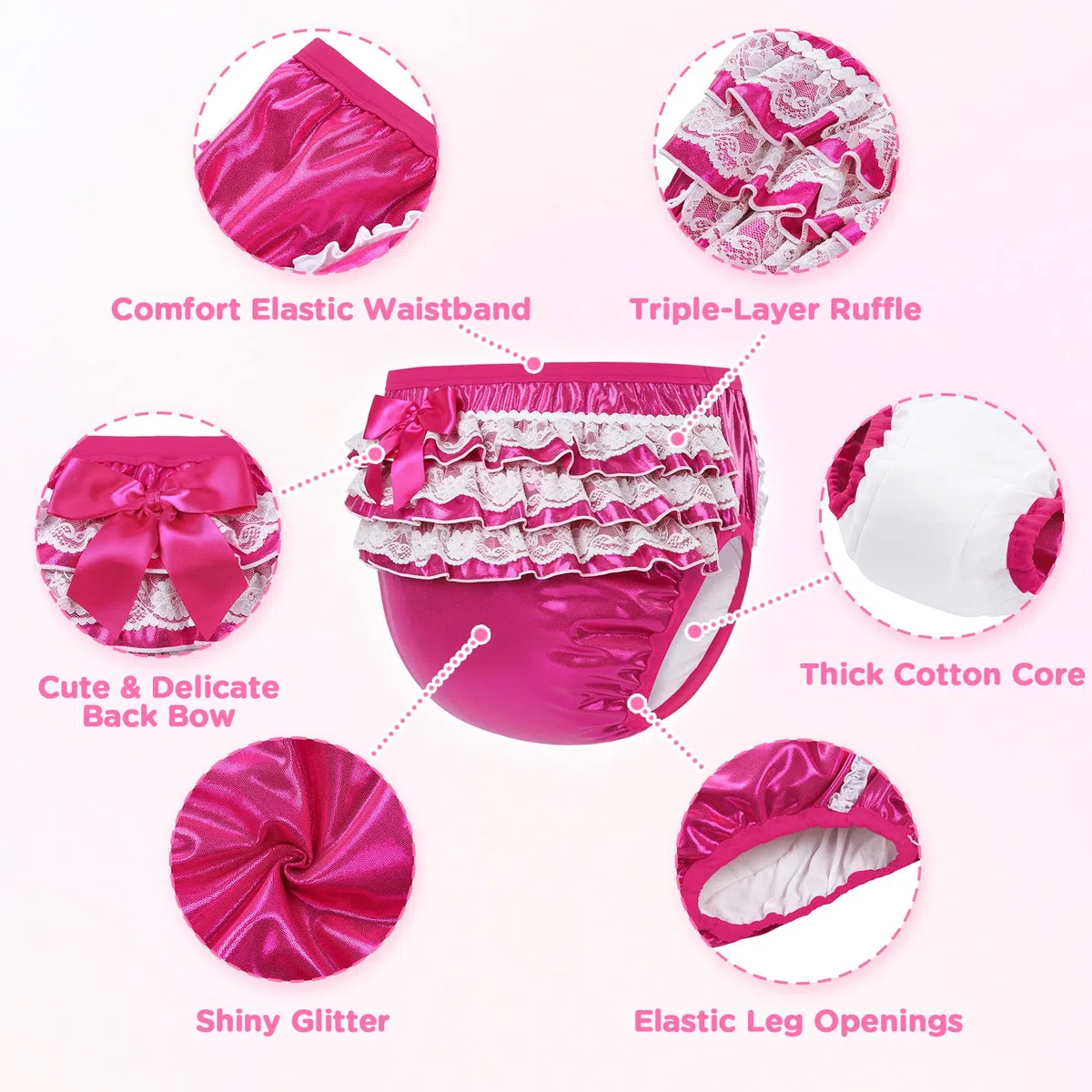 LittleForBig Biancheria intima morbida, comoda, lavabile, riutilizzabile, con fiocco in pizzo Pretty in magenta/nero/rosa glitterato, pantaloni da allenamento per adulti
