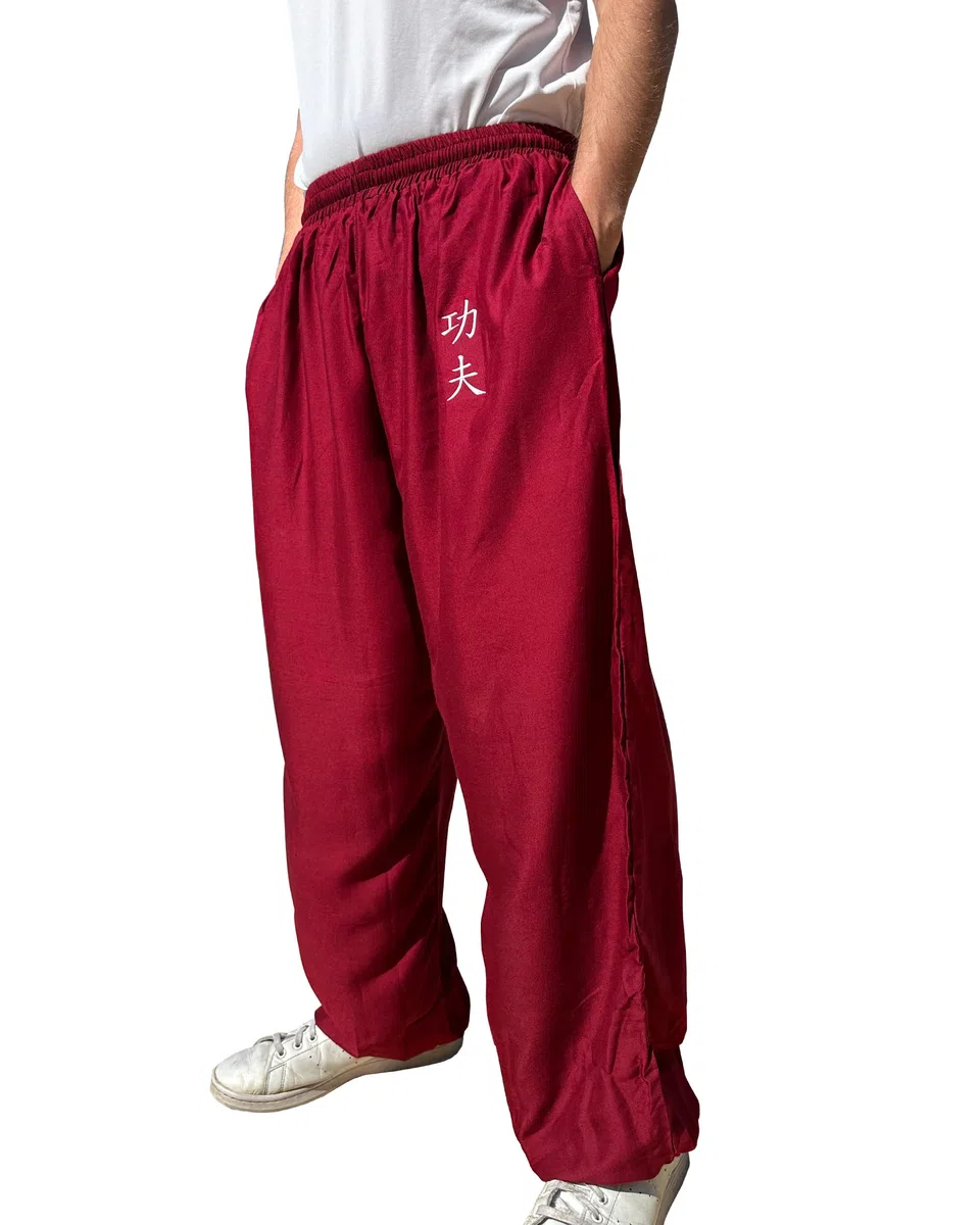 TAO MARTIAL Pantaloni Kung Fu Stile Tai Chi e Wing Chun Pantaloni con Tasche Larghe in Viscosa, V3, Bordeaux Kung Fu, L (175-185cm)