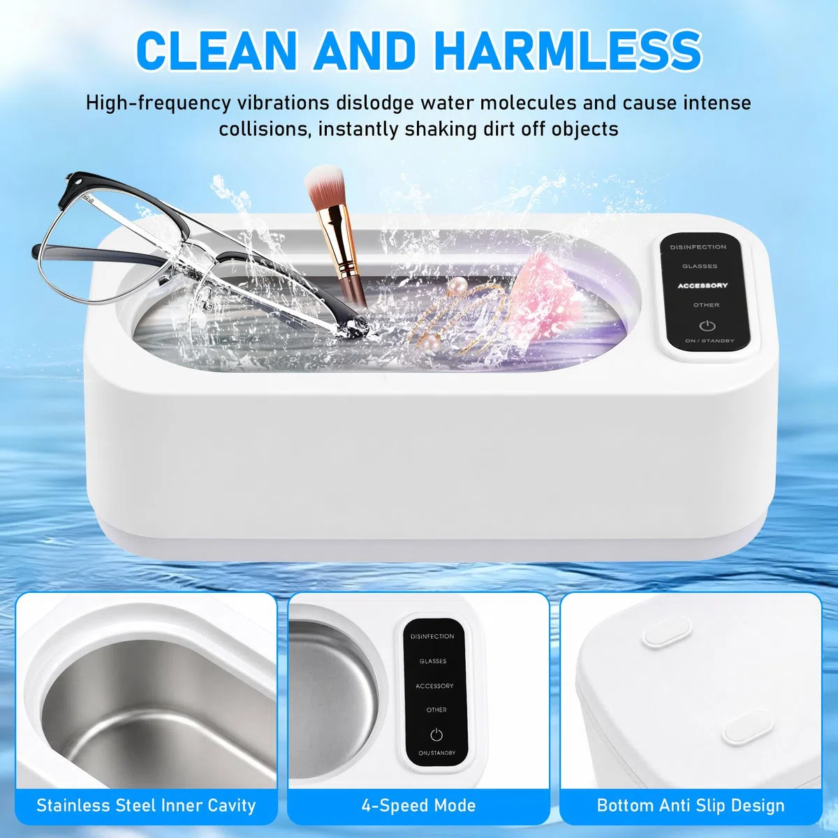 49KHz Pulitore Ultrasuoni,350 ml Ultrasonic Cleaner,Lavatrice Ultrasuoni,Pulizia Profonda a 360 gradi,con 4 modalità di Pulizia,Per Pulizia Gioielli, Occhiali, Orologi, Anelli, Collane