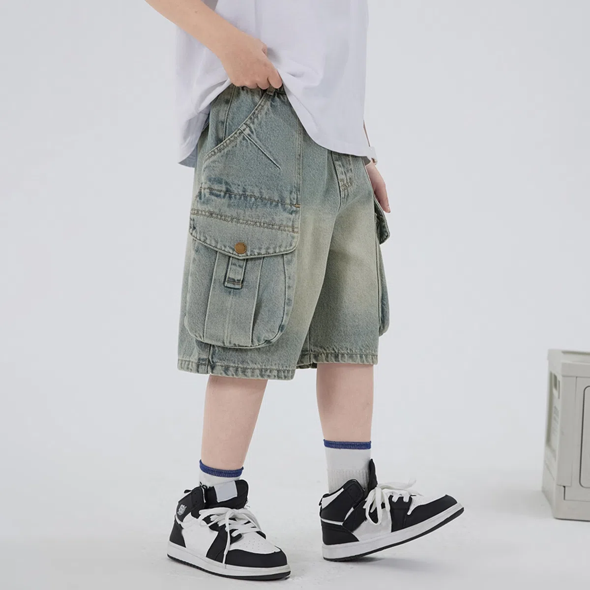 Rolanko Pantaloncini di Jeans Larghi per Ragazzi, Vita Elastica Gambe Larghe Shorts Denim Estivi al Ginocchio
