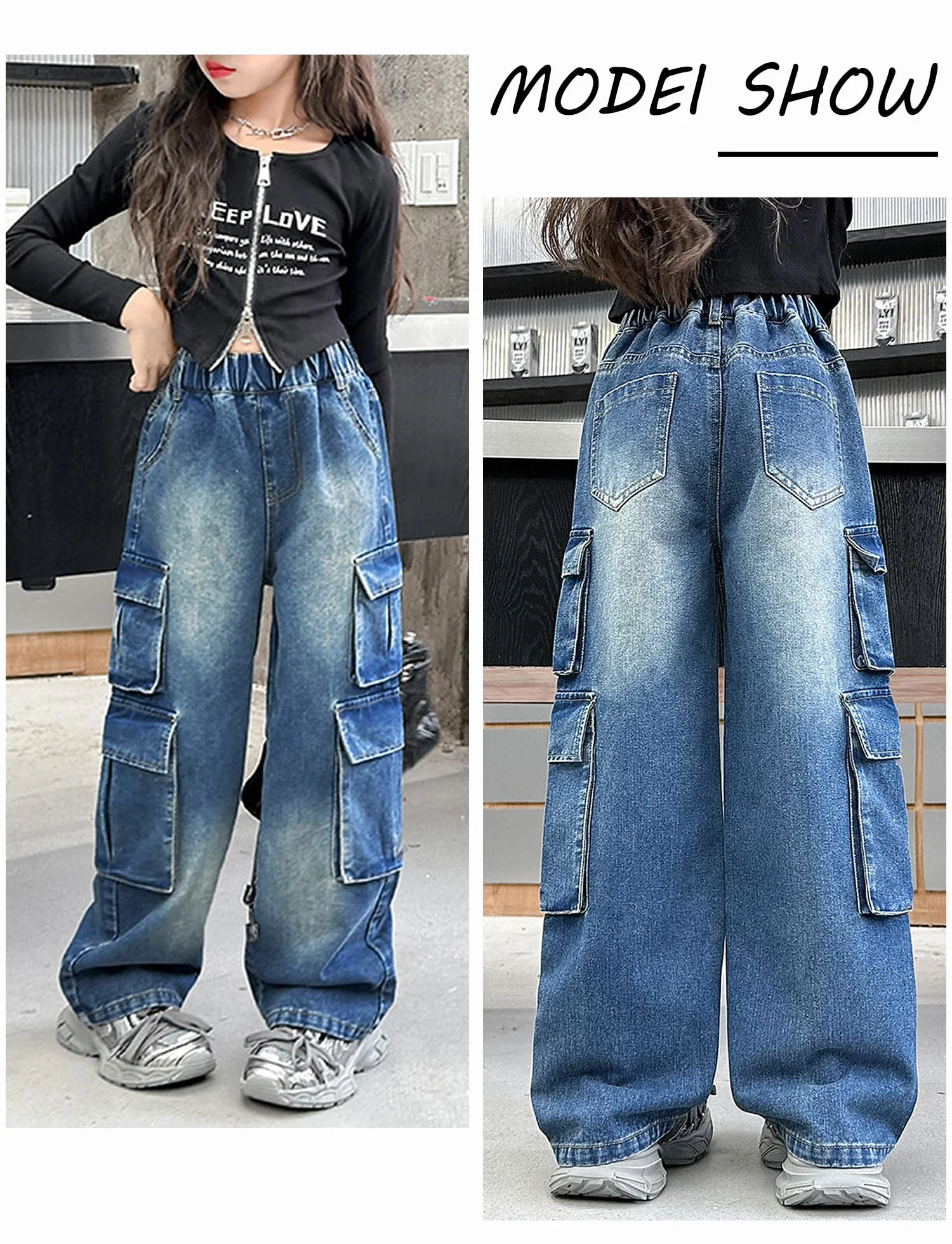 SEAUR Jeans da ragazza Baggy Cargo Multi Tasche Pantaloni cargo Y2K Hip Hop Streetwear per il tempo libero per bambini Jeans elastico in vita – 120 – 170 = (EU 110 – 164)