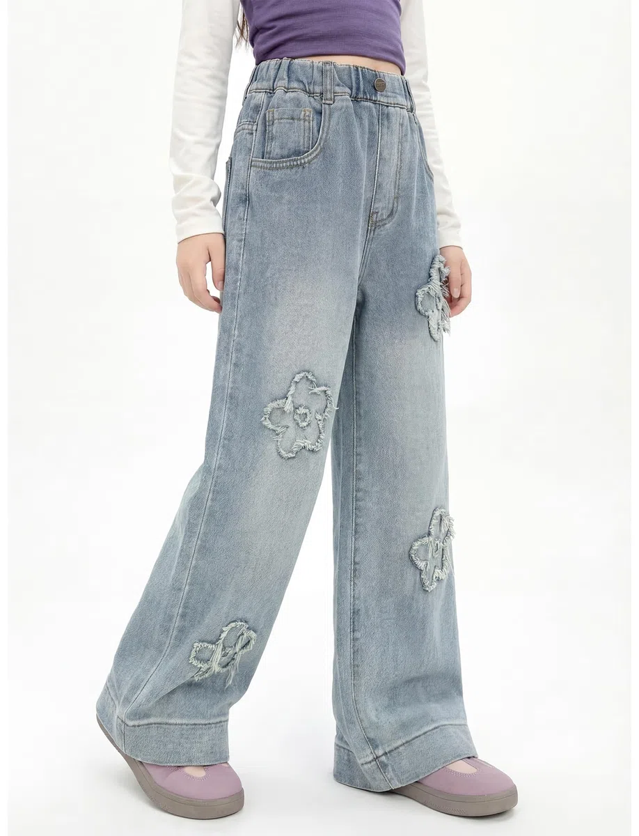 SEAUR Jeans da ragazza a gamba larga Bootcut elastico in vita pantaloni larghi in denim da ragazza jeans larghi in cotone gamba dritta