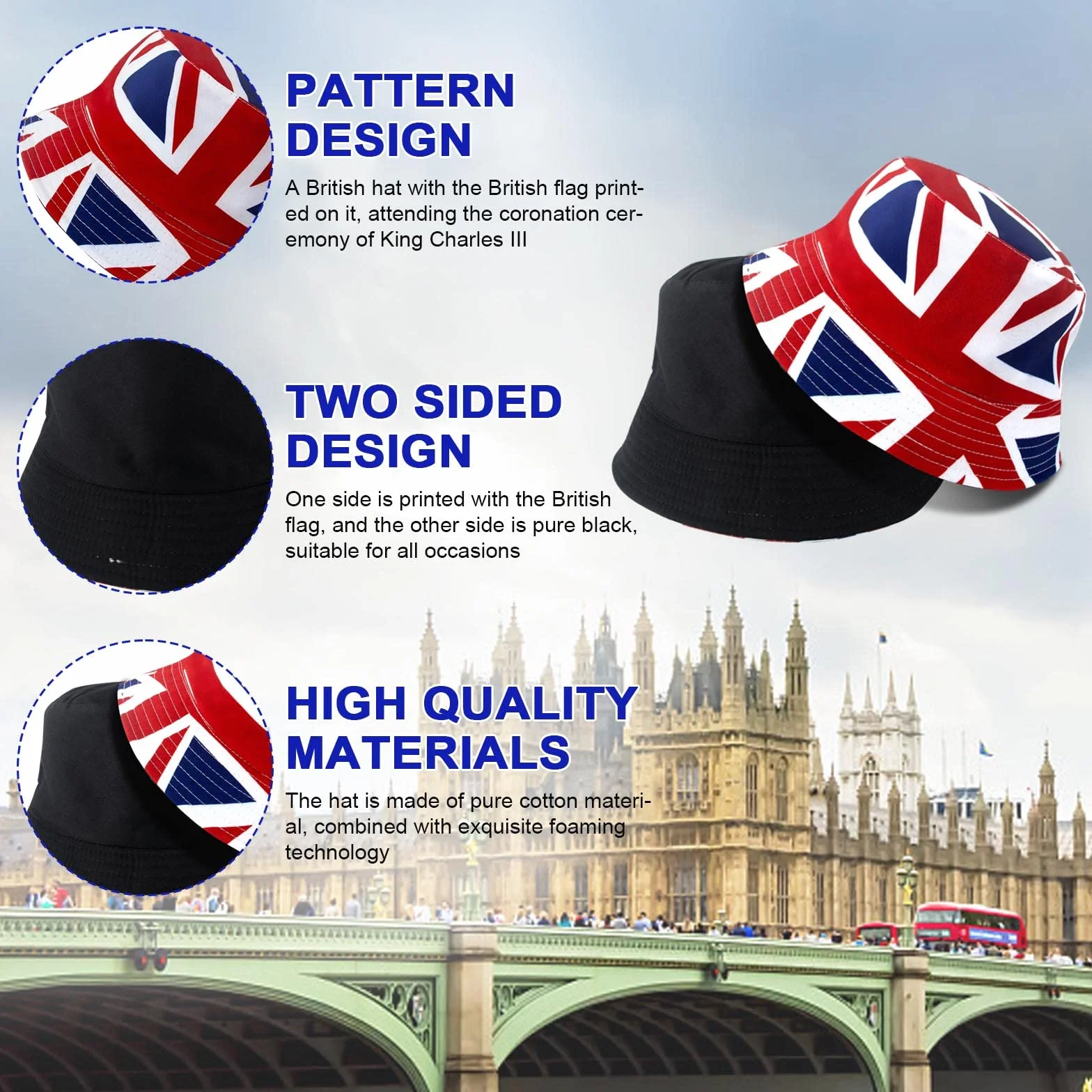 1 cappello da bowler Union Jack da Bowler, cappello a secchiello reversibile su entrambi i lati per l'incoronazione di re Carlo III, cappello da sole resistente allo sbiadimento perfetto per
