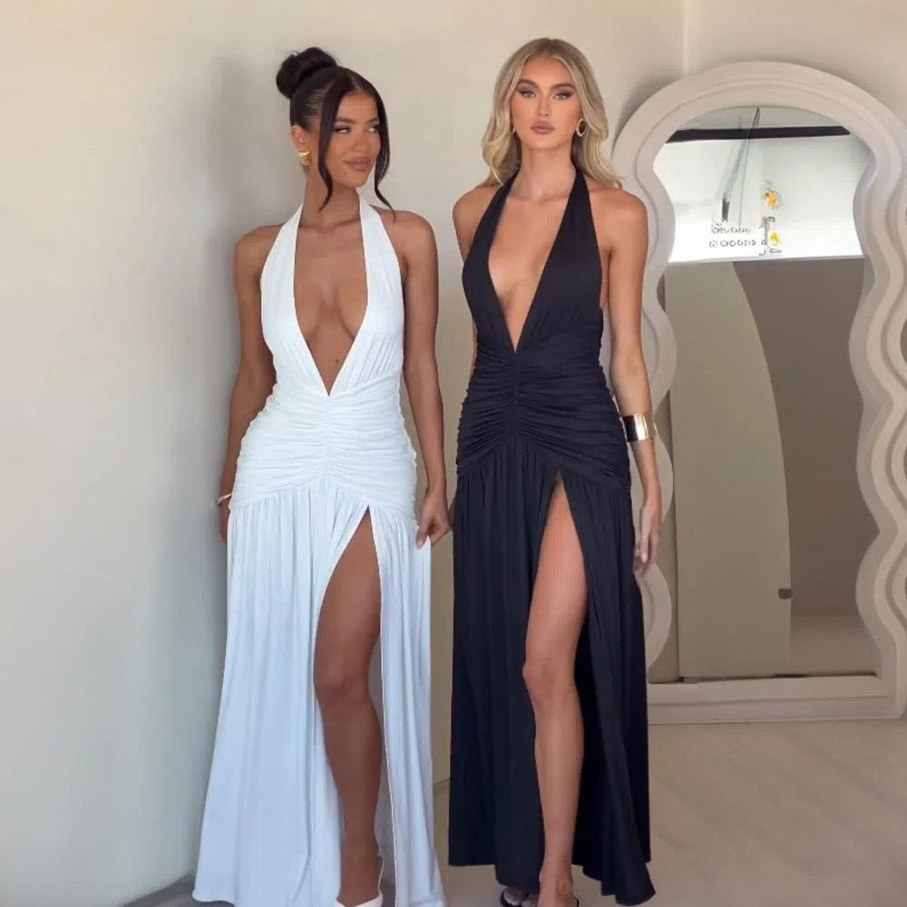 Vestito Donna Elegante Maxi Lunga Profondo Scollo a V Schiena Scoperta Sexy Spacco Abito Slim Festa Cocktail da Damigella della Sera e Cerimonia Matrimonio