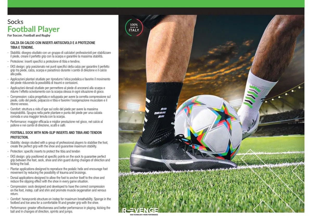 R-EVENGE Calza da Calcio Foot Player The Professional Soccer Socks for Champion, con inserti antiscivolo e protezione per tibia e tendine