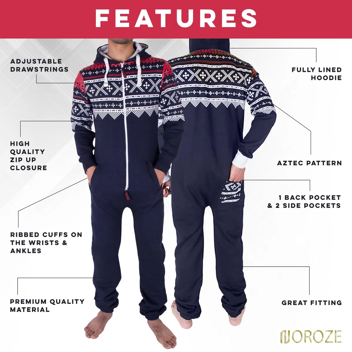 NOROZE Elegante Azteca Pigiama Intero Uomo - Incappucciata Pigiami con Cappuccio Onesie - Caldo e Accogliente Tuta Intera Uomo Pile