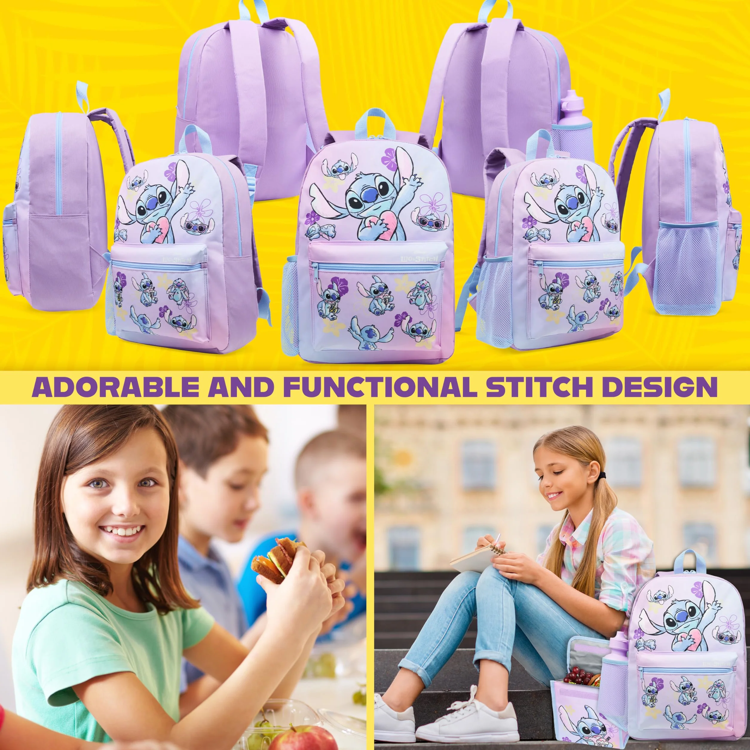 Disney Stitch Zainetto Bambina Ragazza Set 4 Pz con Borraccia Bambini Astuccio Scuola Borsa Portapranzo Accessori Scuola