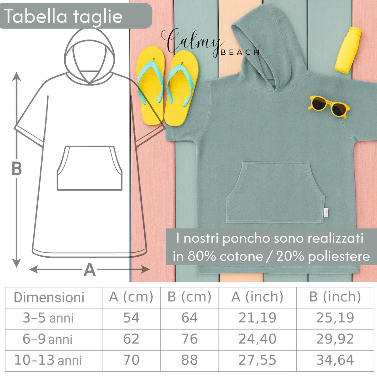 Poncho Mare Bambino Bambina Cotone Leggero - Accappatoio Ragazzo Ragazza Asciugamano Telo Bagno Spugna Leggera con Cappuccio Surf Spiaggia