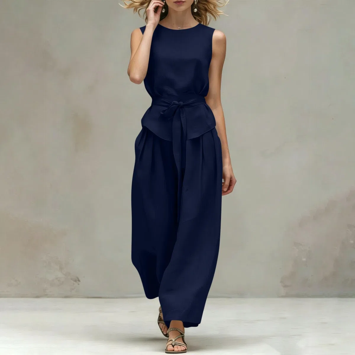 2 pezzi abiti da donna estivi casual Co Ord set girocollo senza maniche gilet top gamba larga pantaloni lunghi con tasche cravatta anteriore comfort lounge wear set slim aeroporto viaggio outfit